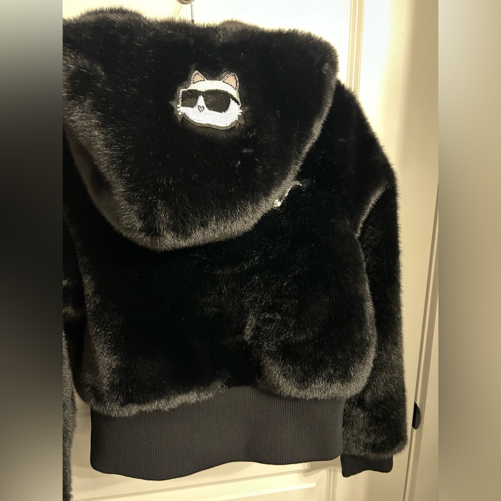 Karl Lagerfeld Faux Fur Logo Patch Bomber Jacket - Picture 9 of 17